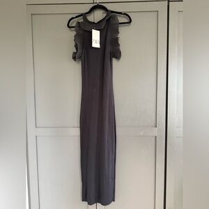 NWT • Zara Black Knitt Dress Ruffle Sleeve & Neck • M